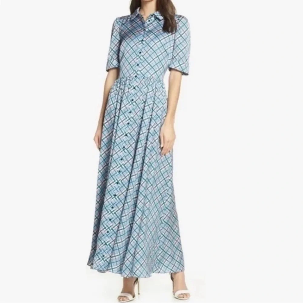 Gal Meets Glam Collection Colette Blue Plaid Button-Down Maxi Dress Size 12 - Picture 16 of 16